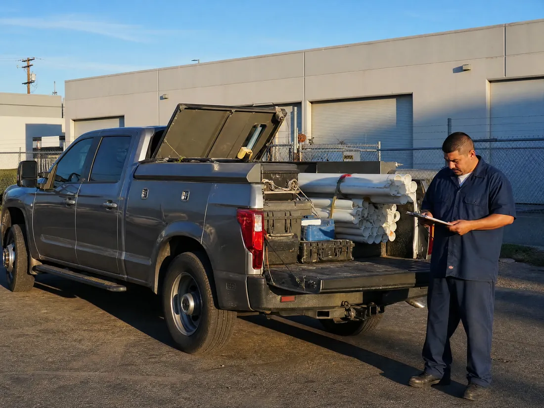 Basin Radon and Soil Gas technician and work truck at a Los Angeles commercial job site