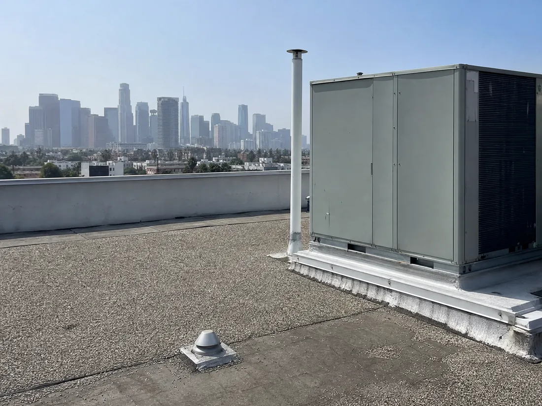 Los Angeles office building mechanical penthouse where radon mitigation and HVAC pressurization work is performed