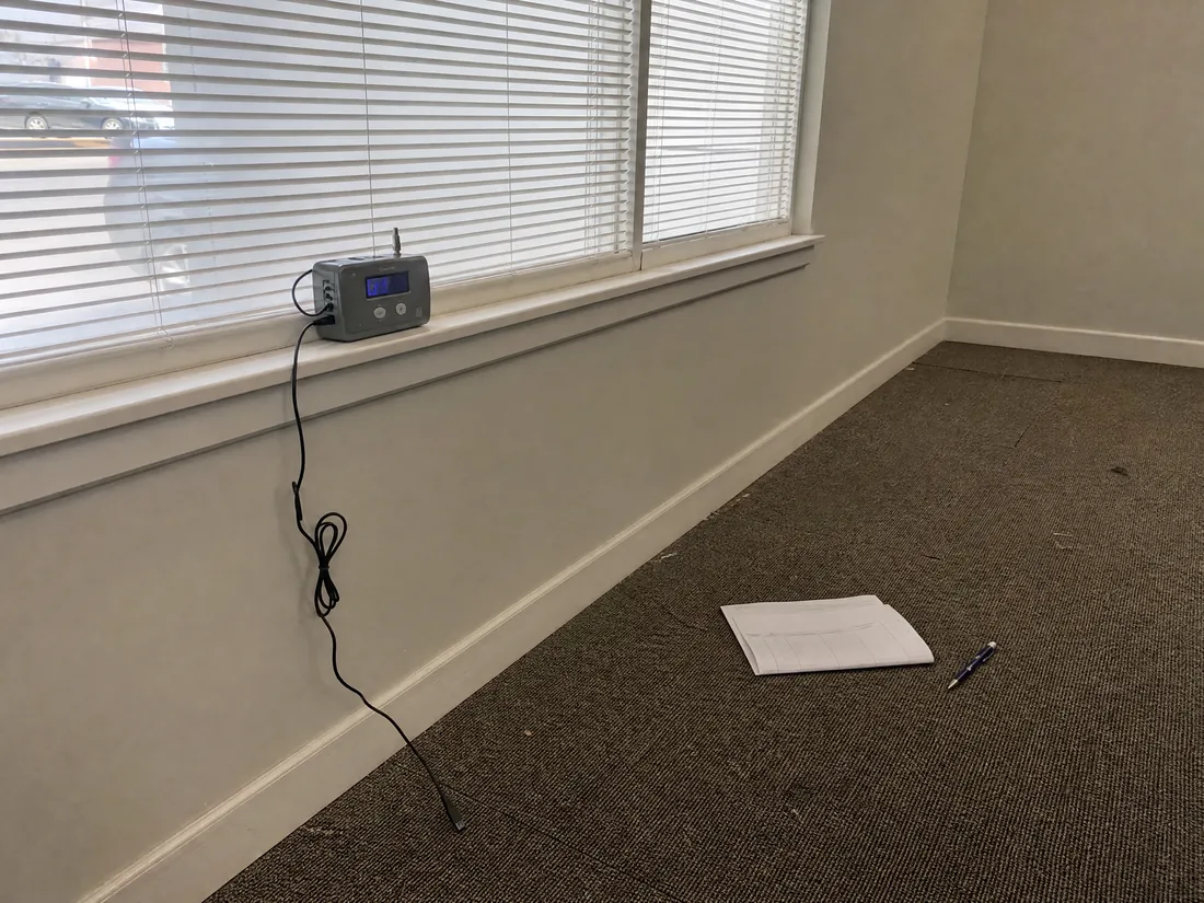 Radon monitor placed for post-mitigation verification testing in a Los Angeles commercial suite