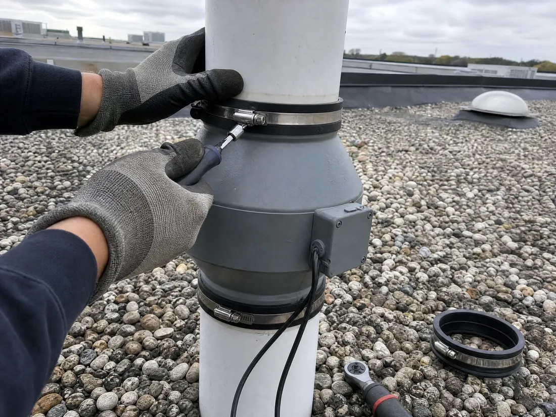 Technician replacing a failed commercial radon fan on the roof of a Los Angeles building